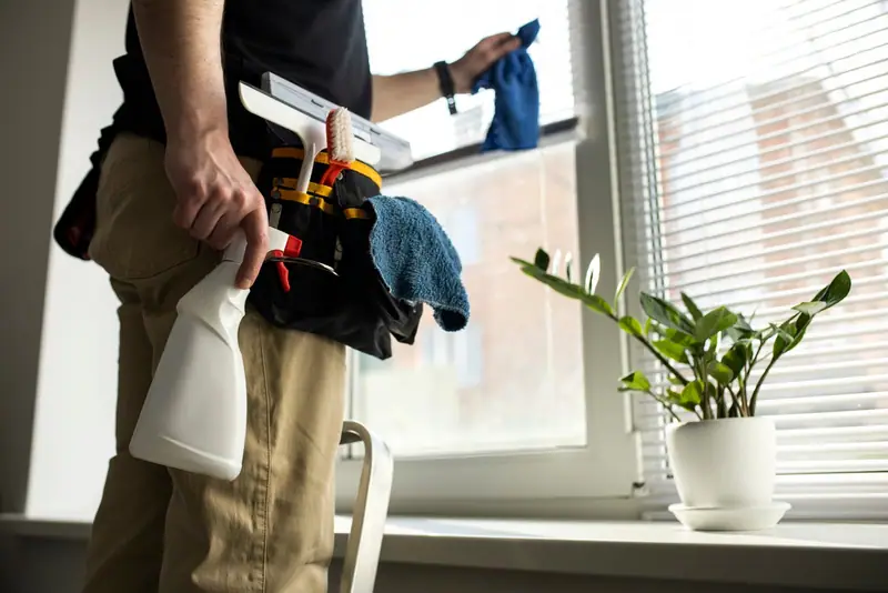 Hausmeister mit Reinigungsutensilien bei der Fensterreinigung